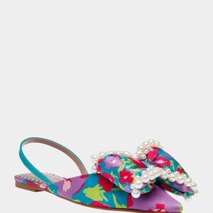 Betsey Johnson Multicolor Floral Slingback Flats with Pearl Bow